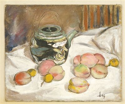 图为胡善馀油画《桃与壶》