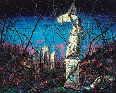 曾梵志创作了四个版本，此次与德拉克洛瓦的对话是第四版，自由女神被解构为写意式的雕像。