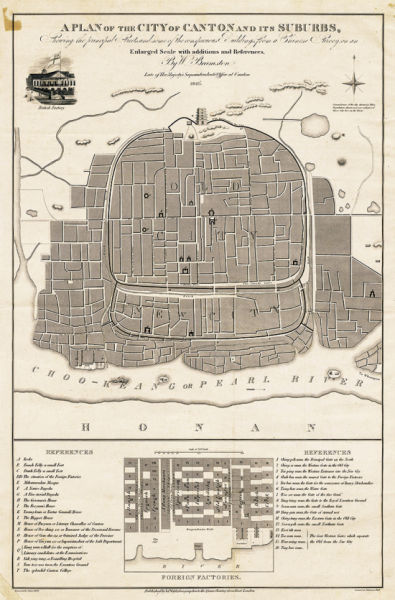 十九世纪由英国人绘画版画《广州城地图》，并标明十三行商馆区的地理位置及商馆区放大图