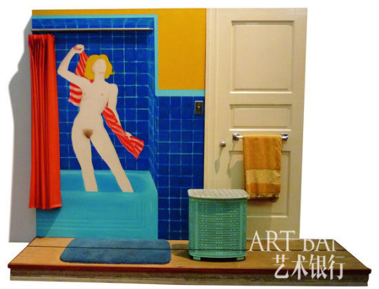汤姆·威塞尔曼 《盆浴》布面油画、塑料袋、门等 1963 年