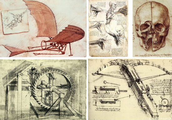 图4 达芬奇设计手稿：飞行器，人体解剖图等