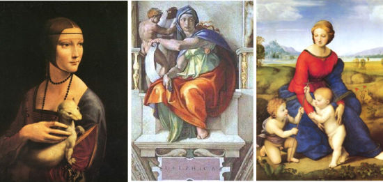 三杰作品(左到右)：抱鼬鼠的女人，西斯廷壁画(局部)，圣母和圣婴