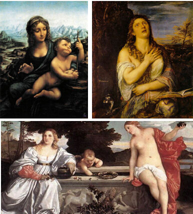 左上：达芬奇《纺车边上的圣母》，右边：提香作品