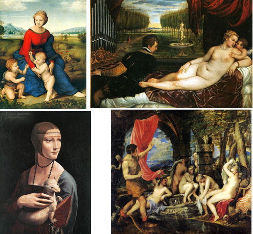 左边上下：拉斐尔和达芬奇作品；右边上线：提香作品