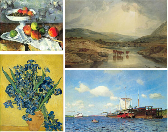 左上：静物；左下：梵高作品；右上下：风景画