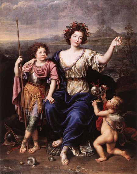 蓝：皮·米尼亚尔，《侯爵夫人塞涅莱和她的两个孩子》，1691年作