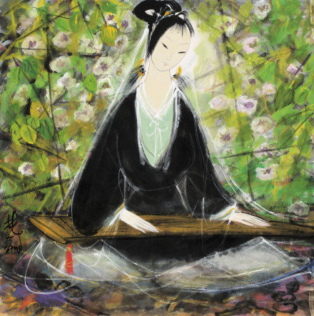 林风眠《抚琴少女》