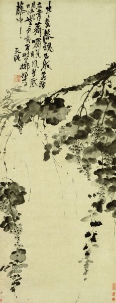《墨葡萄图》，徐渭，明，纸本墨笔， 64×116cm，现藏于北京故宫博物院