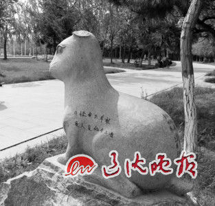 昨日下午，在沈阳苏家屯金山公园马路旁，十二生肖中的石兔两只耳朵已被砸掉，身上还被写上文字。 北国网、辽沈晚报首席记者吴章杰摄