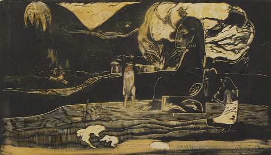 高更创作于1893至1894年的《芳香馥郁系列》木刻版画之《Maruru（感恩的奉献）》，美国克拉克艺术学院收藏，图片由Michael Agee翻拍。