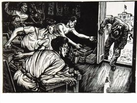 李桦1947年作黑白木刻版画《快把他扶进来》