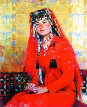 全山石《盛装的塔吉克姑娘阿依古丽》　　新彊写生让全山石继从列宾美术学院毕业归国以来再次找到了鲜艳的色彩和明亮耀眼的光线，找到了一个“亚欧洲”的油画素材的宝库。他直接从生活中捕捉形象，有感而发的作画，每幅画都好比日记一样，记录着他对生活的感受和理解。在新疆的这种迅速作画方式，迫使全山石找到一种更自由、更单纯的油画技法，一种大面积平涂的浓郁色彩，一种不受体面限制的、舒展的“写”的风格。例如这张阿依古丽，从红色帽子上飘落下来的轻纱，大刀阔斧地摆上一些颜料，便呈现出了纱巾轻盈透明的质地。在中国美术学院副教授孙景刚看来，把中国的传统的笔墨，尤其是那种笔性跟自己的绘画结合起来，同时注意到绘画里的书写性，是全山石油画最大的特点。