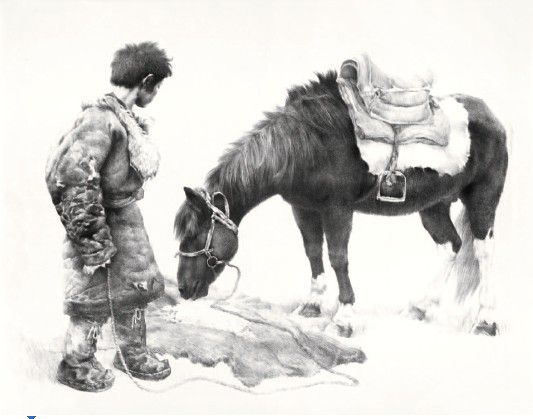 《喂马》（石版）1982 年 64×83cm