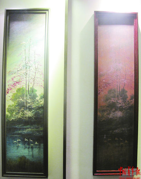 天津庆王府油画修复前后对比。经过修复，油画表面的“酱油色调”消失，焕然如新。据介绍，这是国内首次针对附着在建筑构件上的油画进行修复。