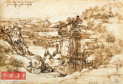 图为达·芬奇《亚诺风景素描》。(资料图片)