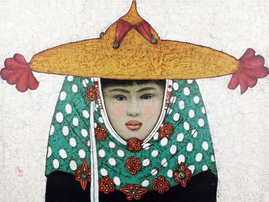 乔十光《戴斗笠的惠安女》，45×60cm 福建东南2013秋拍