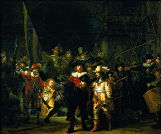 伦勃朗，《夜巡》或《弗兰斯·班宁·柯克队长的连队》，1642年，布面油画，3.8×4.4米，现藏于阿姆斯特丹国家博物馆