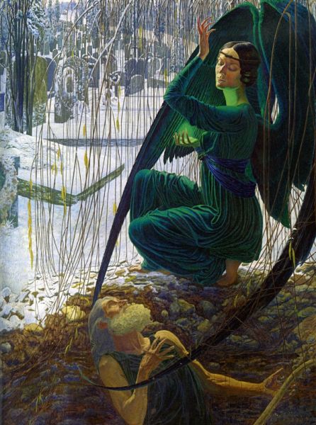 卡洛斯·施瓦布（CarlosSchwabe，1866～1926）是瑞士象征主义插图画家，曾为《恶之花》插图而闻名。图为奥塞博物馆收藏的施瓦布水彩画作《死神和掘墓人》
