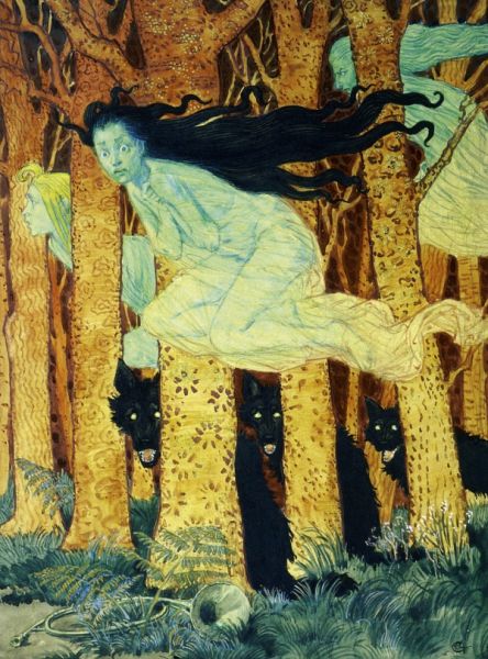 女巫是黑色浪漫主义绘画经常出现的主题。图为法国新艺术时期瑞士裔画家欧仁·萨缪尔－格拉塞的《三个女人和三匹狼》