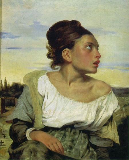 油画：《坐在墓园的少女》 