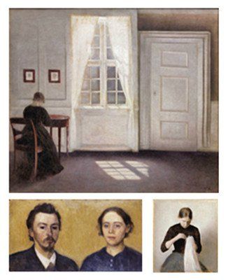 海默修依作品：上《地板上的阳光》(1901年) 左下《艺术家和他的妻子》双人肖像   右下《缝纫的女孩》(1887年)