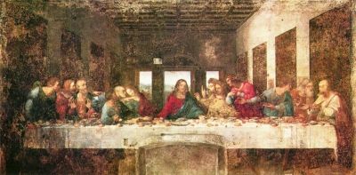 图为达·芬奇的油画名作《最后的晚餐》。画面情节是宗教题材，耶稣得知自己已被弟子犹大出卖，差弟子彼得通知在逾越节的晚上与众弟子聚餐，目的并非吃饭，而是当众揭露叛徒。