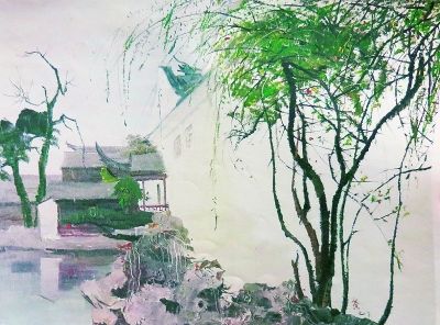图为吴冠中在上世纪70年代创作的油画《苏州园林》，尽管用的是西方的材料，但表现出来的依然是中国传统的审美情致。