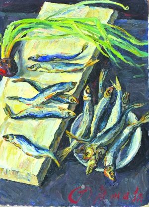 前苏联油画《干鱼与葱的静物》