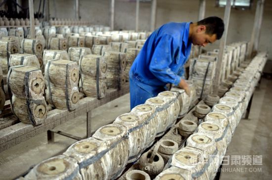 1月6日，在武威市夏王陶瓷工艺制品有限公司，工人查看磨具中西夏瓷器风格酒瓶的成形程度。新华社记者 范培珅 摄