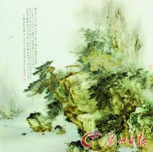 李小聪的粉彩山水瓷画作品《放鹤亭》。