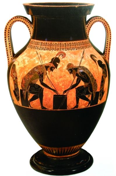阿喀琉斯和埃阿斯掷骰子（瓶画） 高60.7厘米 公元前540—530年 艾克塞基亚斯 梵蒂冈格里高利伊特鲁里亚博物馆藏