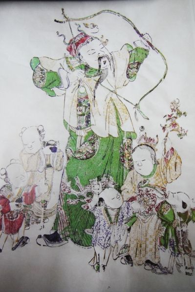 清代扬州木刻年画《张仙射箭》。扬州博物馆藏