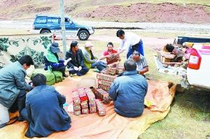 西藏那曲地区地广人稀、交通不便，普查员与收藏者相约在一座山上相会，就地铺开毡子开始了普查。