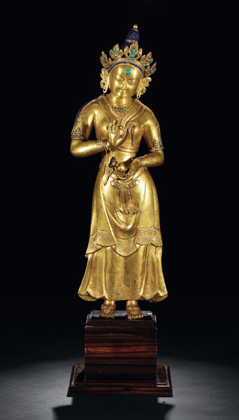 Lot7213 十五世纪 铜鎏金镶嵌绿松石菩萨立像 高 47.3cm