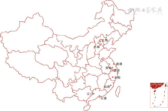中国红木家具主要产地分布图（制图：《古典工艺家具》）