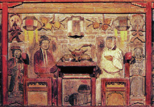 山西平阳金墓砖雕（加彩绘）中的桌、椅