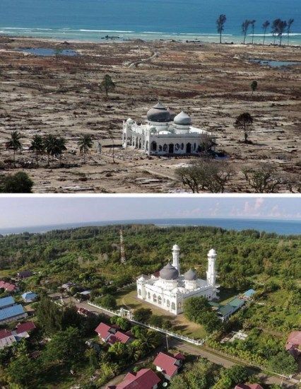 资料图：近期，一组摄影作品向人们展示了印度尼西亚经历10年时间，从2004年印度洋海啸的废墟中重建的震撼景象。（网页截图）