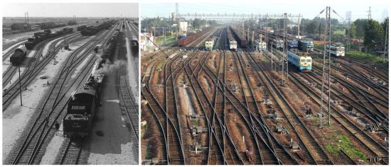 左图是20世纪50年代，陇海线上郑州火车站的货运情况。右图是2003年8月拍摄的郑州铁路北站编组站。(新华社记者 朱祥 唐茂林/图)