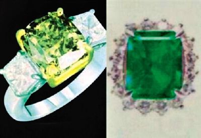 孟建国在马来西亚先后盗窃的闪电钻戒(左)及绿宝石戒指(右)。