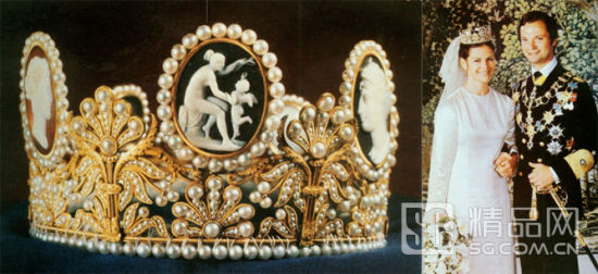 1976年西尔维娅皇后与瑞典国王卡尔十六世古斯塔夫大婚佩戴由Nitot 1809年制作的Chaumet玛瑙浮雕镶嵌珍珠王冠
