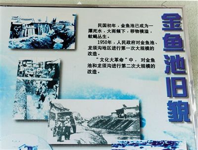 金鱼池社区悬挂的龙须沟老照片。新京报资料图片