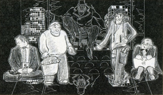 作家张辛欣为自己的作品《谁在守望〈守望者〉》（刊于《上海文学》2009年第6期）所绘插图。