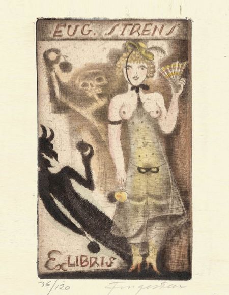 斯特伦斯藏书票，芬格斯坦绘，铜版腐蚀（1930年）