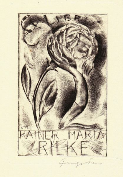里尔克藏书票，芬格斯坦绘，铜版腐蚀（1921年）