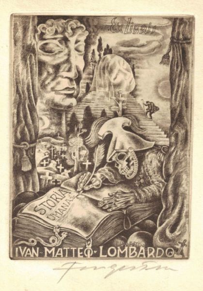 伦巴多藏书票，芬格斯坦绘，铜版腐蚀（1938年）