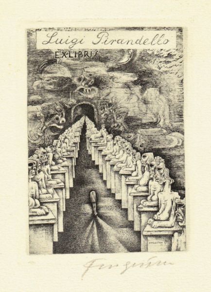 皮兰德罗藏书票，芬格斯坦绘，铜版腐蚀（1936年）