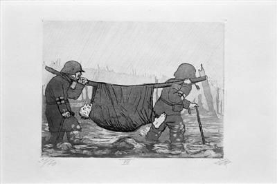 奥托·迪克斯《战争》系列作品在广东美术馆展出，图为奥托·迪克斯创作于1924年的铜版画《蒙特许尔斯特森林里的伤员护送》。 (主办方供图) 