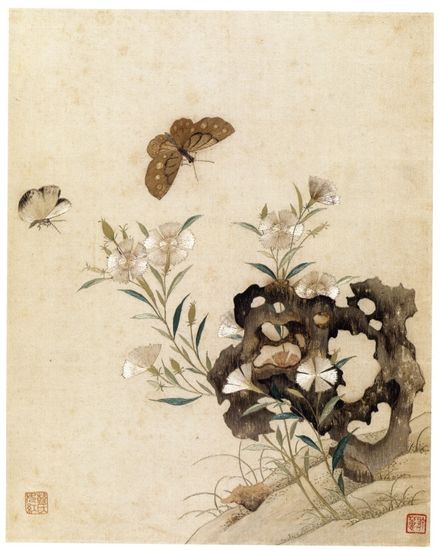 上海博物馆藏明代韩希孟绣《花卉虫鱼册》之《湖石花蝶》