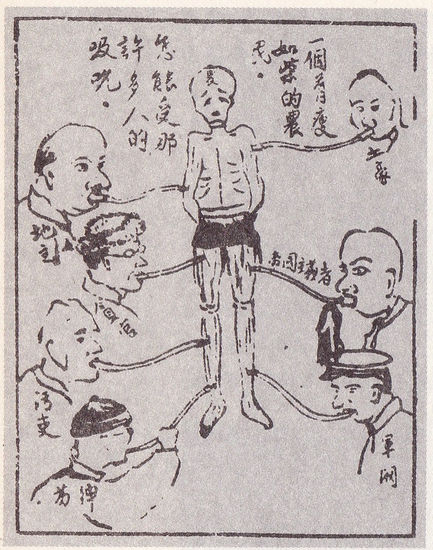 ③江西农民协会主办的《农民画报》刊登的漫画《怎能受那许多人的吸吮》（1927年）