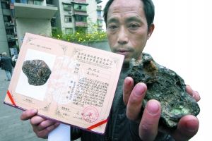 昨日，罗学怀展示他在长江边捡到的“陨石”。记者 胡杰 实习生 苏思 摄